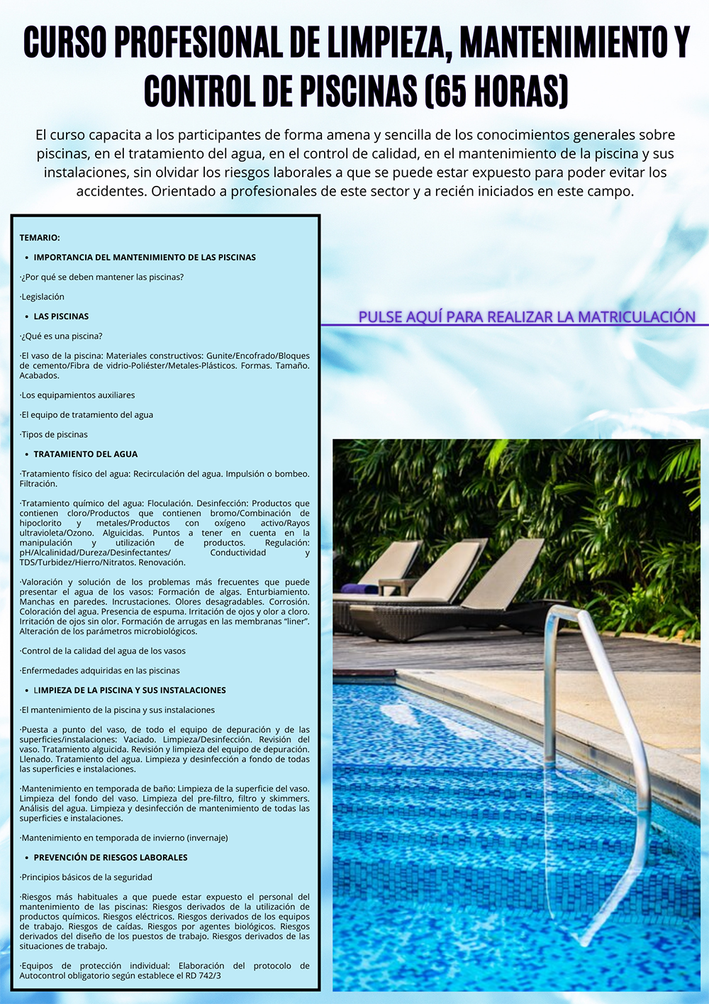 CURSO ON-LINE: Curso profesional de limpieza, mantenimiento y control de piscinas (65 horas)